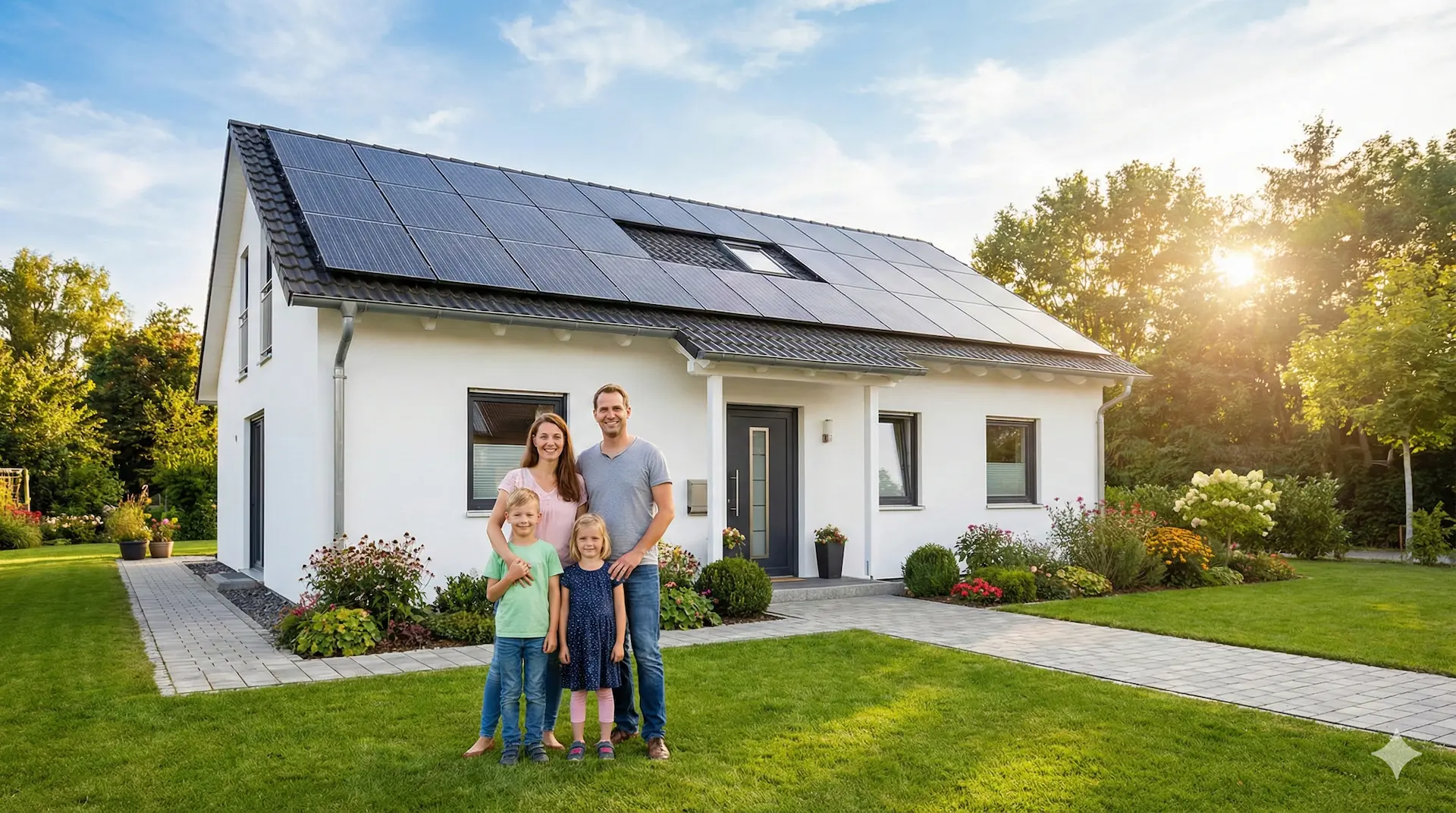 Zufriedene Familie vor ihrem Haus - Finde Deinen Energieberater
